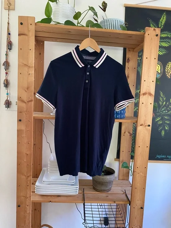 Ted Baker Navy Blue Pink White Stripe Collar Knit Polo Shirt Medium - Picture 2 of 15